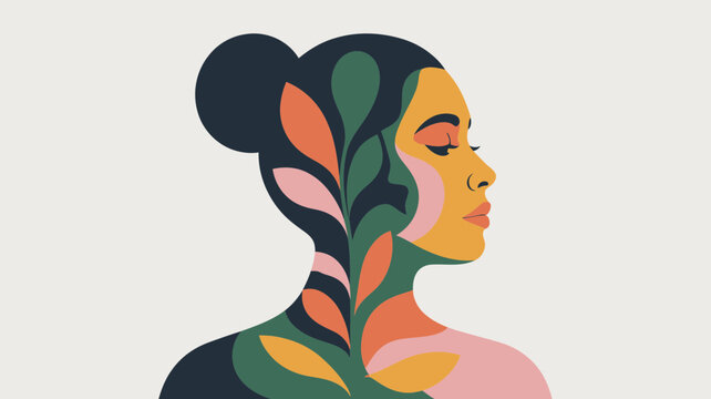 Vibrant illustration of a womans head with leaves and flowers growing out of her skin, symbolizing growth and harmony with nature