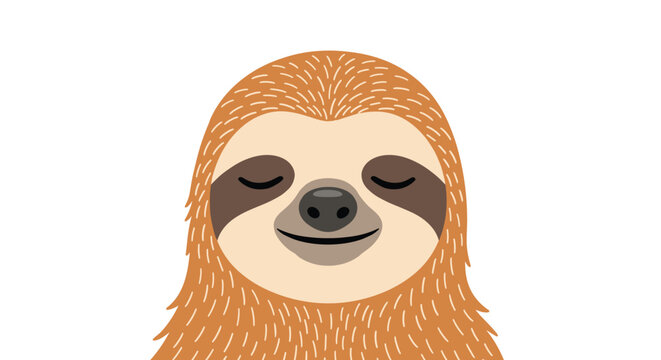 Close-up face of an incredibly peaceful sloth with soft brown fur and a calm smiling expression against a clean white background.