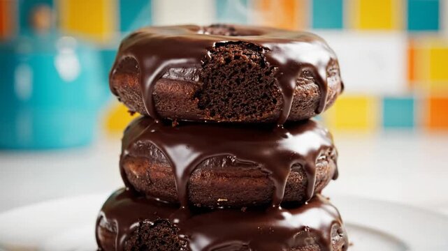 Delicious chocolate glazed donuts stacked on a white plate with bite taken out of one, close-up shot