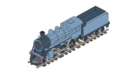 Vintage steam locomotive on railroad tracks isometric view © udin