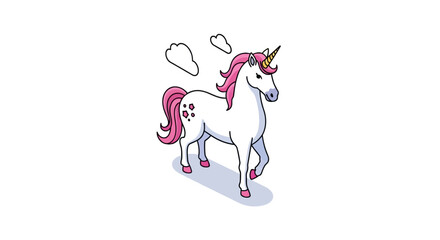 Magical white unicorn with pink mane and clouds © udin