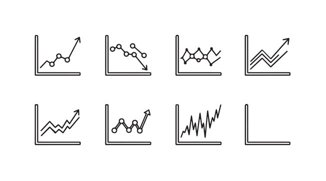 Set of simple line graphs showing various data trends and growth patterns on white background