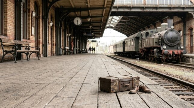 Vintage travel scene with suitcase and shoes on rustic train station platform