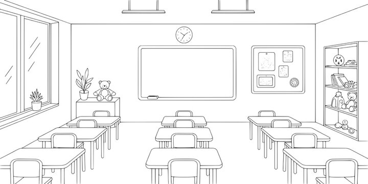 Classroom Whiteboard and Desks Line Art Interior Vector with Clock, Plants, Window and Wall Decor Featuring School Room, Chairs, Svg with Monochrome