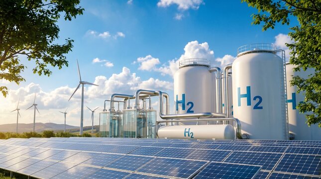 Modern green hydrogen production facility with solar panels, wind turbines and large H2 storage tanks under a blue sky.