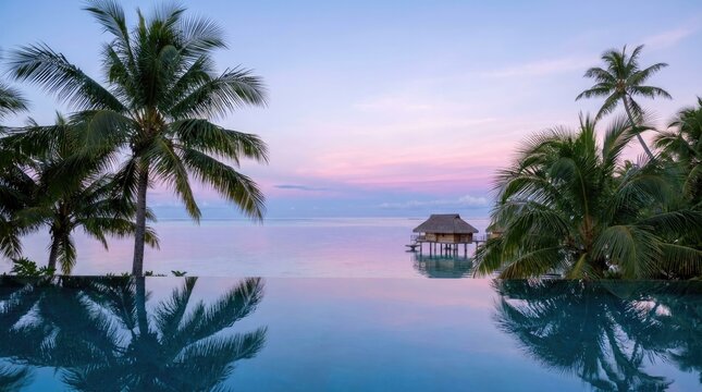 Tranquil sunset over bora bora lagoon with palm trees and overwater bungalow reflections