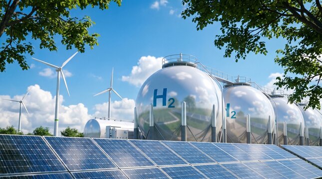 Modern renewable energy plant featuring solar panels, wind turbines and hydrogen storage tanks under a clear blue sky.