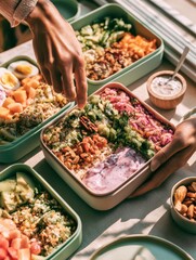 Obraz premium Hands are preparing a colorful and healthy lunch in sustainable containers with natural light enhancing the vibrant ingredients on the table