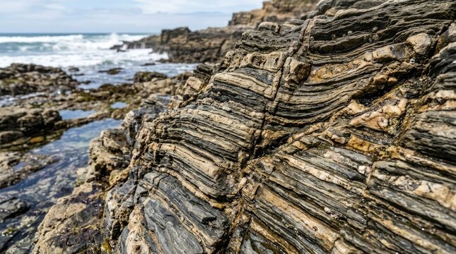 Coastal geology and textured oceanic rocks by the seaside with dynamic waves and natural patterns for nature lovers and geological studies