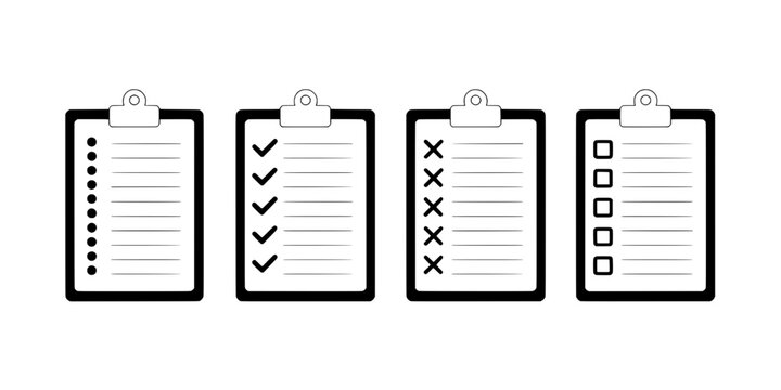 Clipboard Checklist Icons Set with Document Paper, Tick Marks, Cross Marks, and Lined Notes for Office Planning