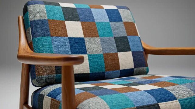 Mid century modern armchair with wooden frame and blue checkered patchwork upholstery in a minimalist studio setting