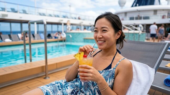 Relaxing poolside getaway with refreshing drink on luxurious cruise holiday with blue sky background