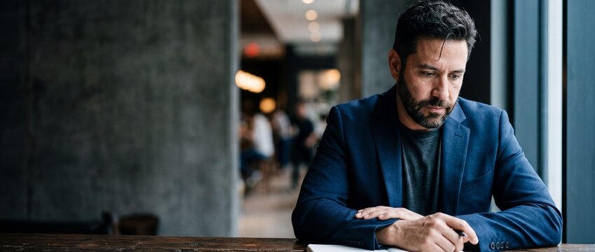 Thoughtful businessman in blue blazer working in modern cafe office. Pensive male business executive sitting at wooden table looking down, holding pen, copy space, professional portrait with moody lig