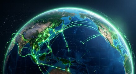 Fototapeta premium Global maritime network and digital twin concept showing green data lines connecting shipping routes across the Pacific ocean from Asia to North America