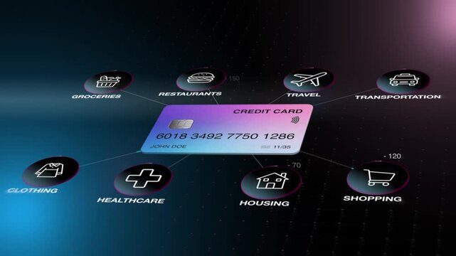Glossy credit card floating over dark neon digital interface surrounded by commerce category icons