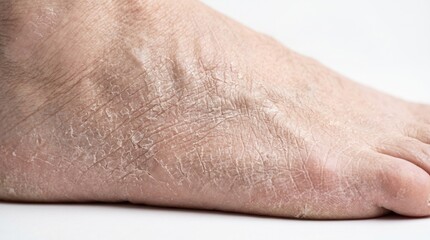 Fototapeta premium Dry skin on the foot of a man. Skin condition with red flaky texture indicating dehydration or dermatitis. Concept of foot care, health problem, skincare treatment and dermatology.