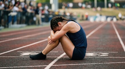 Obraz premium Woman athlete sitting on running track after competition. Upset girl resting on field after race. Failure, exhaustion and mental struggle in sport. Professional sports training concept.