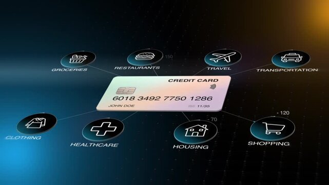 Glossy white credit card with EMV chip floating over a dark blue-orange digital grid surrounded by circular commerce icons