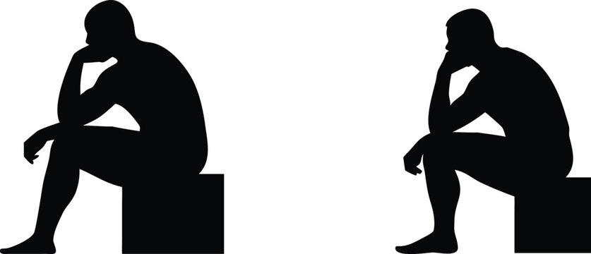 Man thinking silhouette sitting on block, contemplating with hand on chin, deep thought concept on transparent background.