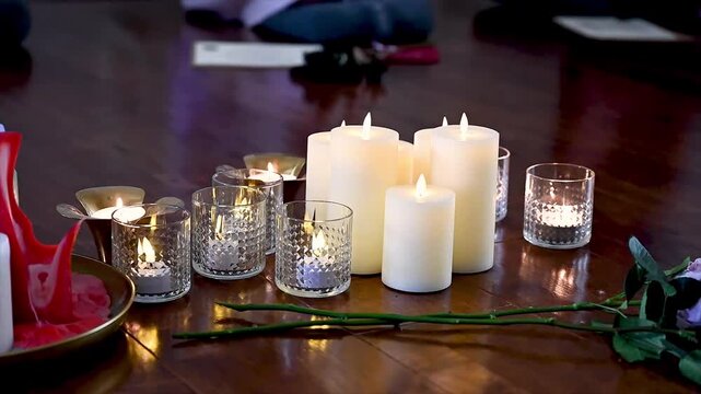 Gentle movement over ivory pillar candles and crystal votives with brass tray of melted wax and rose stems on dark polished wood floor. Soft warm candlelight reflected in hardwood with serene