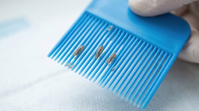 Nit comb with head lice and egg on blue plastic brush. Dermatologist using professional tool to remove parasite from hair. Concept of hygiene diagnostics and medical treatment of pediculosis.