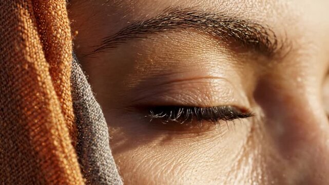 Middle Eastern woman in brown headscarf with golden sunlight highlighting her hazel eye
