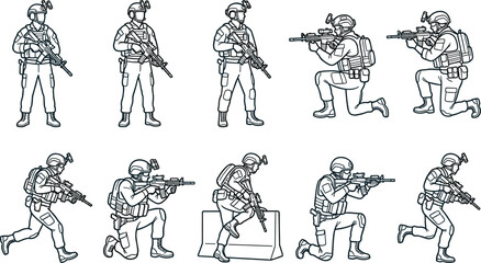Fototapeta premium Military Tactical Soldier Line Art Collection with Combat Poses, Armed Forces Operations, and Security Training Vector Illustrations