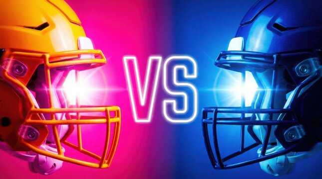 Close up view of football helmets facing each other for sports competition with neon glow effects on pink and blue background and illuminated vs lettering for game match promotion and marketing.