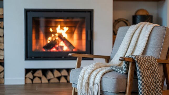 Cozy living room with fireplace and armchair