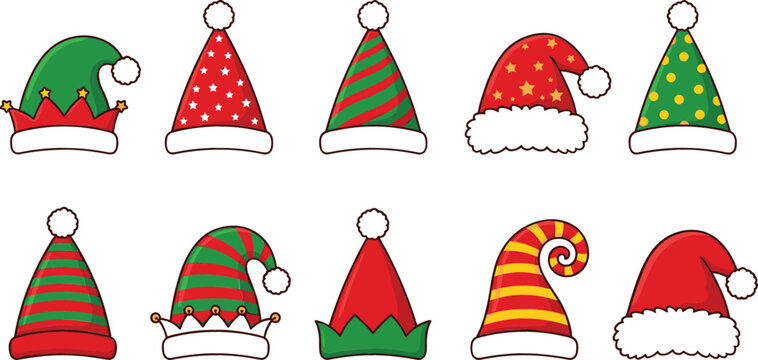 Christmas Santa hat and elf headwear cartoon vector icons set with colorful stripes stars polka dots winter holiday decoration illustration