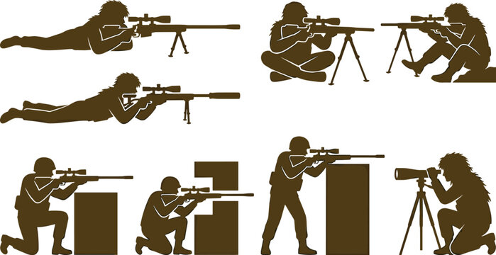 Military Sniper Silhouette Collection with Tactical Shooting Positions, Armed Soldier Figures, and Combat Training Vector Illustrations