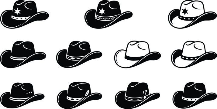 Cowboy hat stetson sheriff icons set western wild west country style black and white line art vector illustration collection isolated