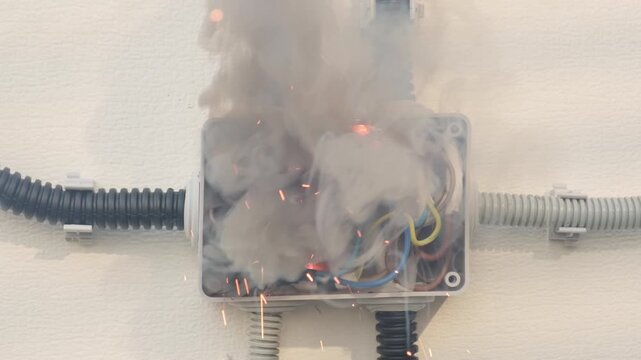 Short circuit with flashes of sparks and smoke in electrical junction box with wires on wall