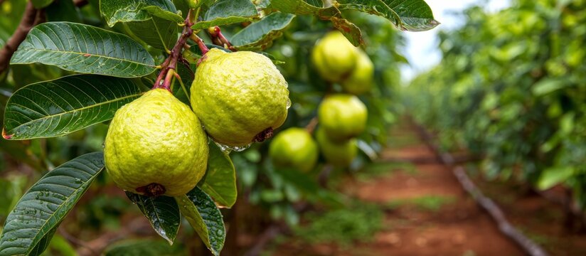 Guava fruits growing on tree in tropical orchard