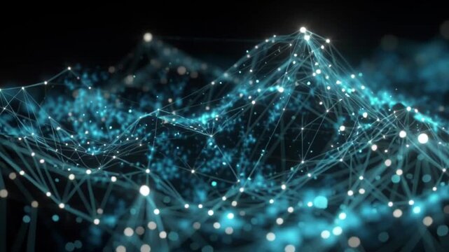 Dynamic digital network landscape with glowing blue connections, illustrating futuristic technology, data flow, and intricate interconnected systems