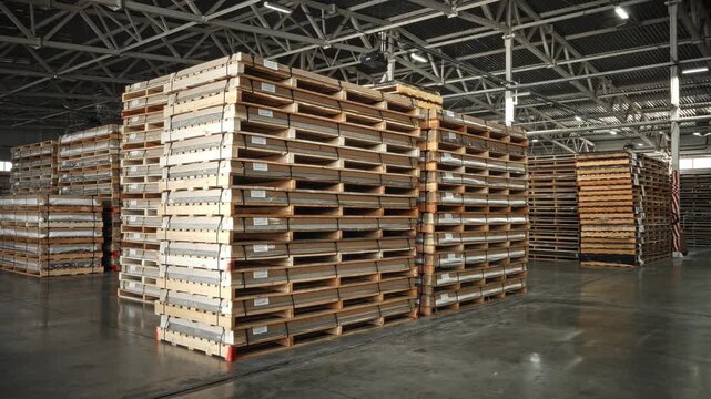 Organizing And Inspecting Stored Wooden Pallets Beneath Steel Beams In Industrial Warehouse Space