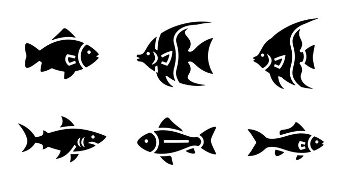 Fish Icons Set, Marine Life Vector Silhouettes, Aquatic Animal Graphics