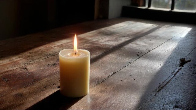 Serene Candlelight on Rustic Wooden Surface with Shadow Play
