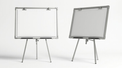 Realistic portable easel whiteboard set for office presentations and business meetings with blank flipchart paper isolated on white background. Professional 3D render of tripod display boards set. © Itx Musa