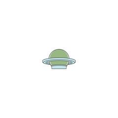 Green planet with ring system on pedestal, illustration of Saturn-like world on display © Prianka