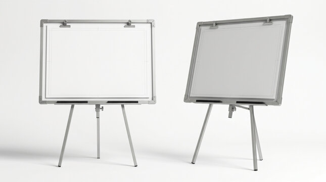 Realistic portable easel whiteboard set for office presentations and business meetings with blank flipchart paper isolated on white background. Professional 3D render of tripod display boards set.