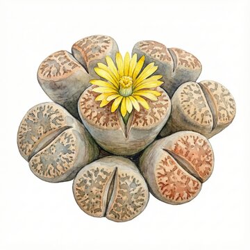 Watercolor painting of lithops living stones succulents with a bright yellow daisy flower. AI generated