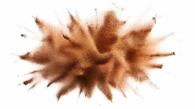 dispersion. Brown powder explosion captured against white background with dynamic particle dispersion, menu design, packaging mockups, designed for culinary blogs and recipe cards for restaurants.