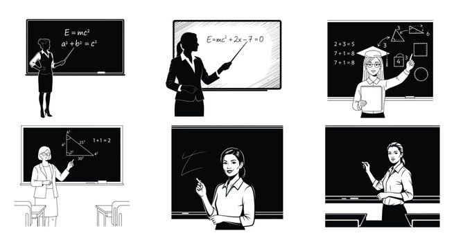 teachers at blackboards line art classroom education teaching mathematics lessons