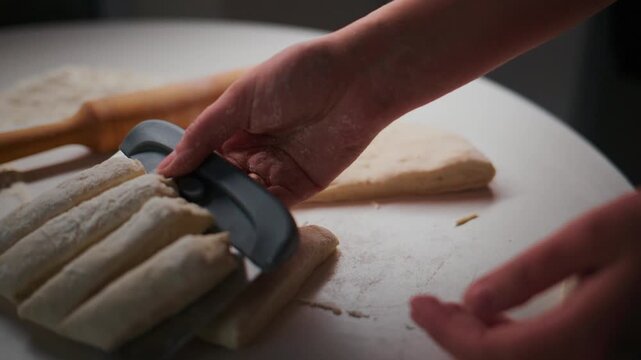Hands slice dough with a knife. Dough pieces lie neatly arranged. Rolling pin rests nearby on white surface. Action shows bread or pastry preparation. Ideal for recipes, cooking tutorials