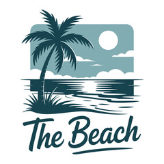 Obraz premium Beach Palm Tree and Ocean Waves Vector Logo with Sun Clouds and the Text the Beach Featuring Coastal Landscape, Shoreline, Surf with Summer Vacation