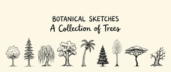 Black and white botanical sketches of various trees including palm and coniferous types.