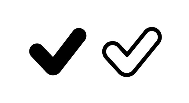 Simple check mark icon set in solid and outline black styles, representing approval, completion, and positive confirmation.