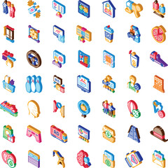 Obraz premium Isometric icon collection representing diverse concepts in business, technology, social interactions, human emotions, food, and everyday objects with a colorful 3d style