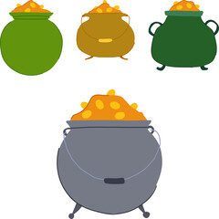 Obraz premium Four colorful pots overflowing with golden coins, illustrating concepts of wealth, luck, celebration, and irish tradition, perfect for holiday greetings and financial themes